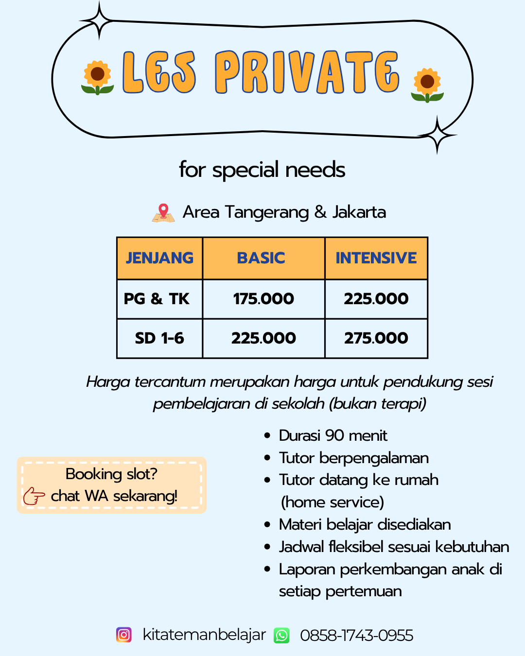 Harga les privat special needs area Tangerang dan Jakarta